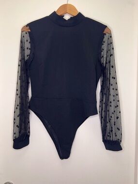 Sheer Polka Dot Mesh Bodysuit 🖤 Boohoo Night Out Top Mock Neck US 8